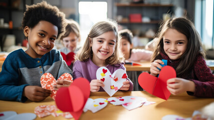 Diverse school kids making DIY Valentine's cards in class - obrazy, fototapety, plakaty