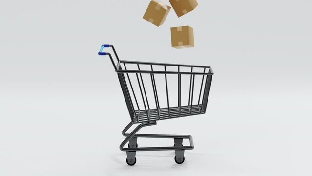 Cardboard box parcel dropping in supermarket cart or trolley and move forrard, shopping concept, 3D rendering. LOOP