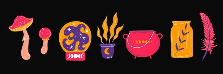 Vector illustration set of moon phases. Different stages of moonlight activity in vintage engraving style. Zodiac Signs