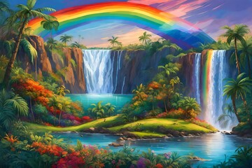 A vibrant rainbow arching over a majestic waterfall amidst a lush, tropical paradise.
