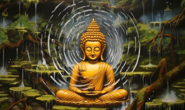Picture of Gautam Buddha Falling water springs from above, Generative AI