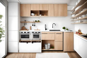 A kitchenette designed for a tiny house, compact yet functional with clever storage and space-saving solutions. - obrazy, fototapety, plakaty