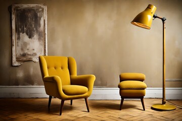 A vintage mustard yellow armchair paired with a rustic wooden floor lamp.