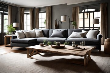 A rustic wooden coffee table complementing a charcoal gray sofa.