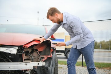 Fototapeta na wymiar Car accident. Man after car accident. Man regrets damage caused during car wreck