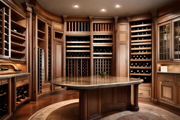A kitchen featuring a custom-built wine cellar integrated into the cabinetry, showcasing an...