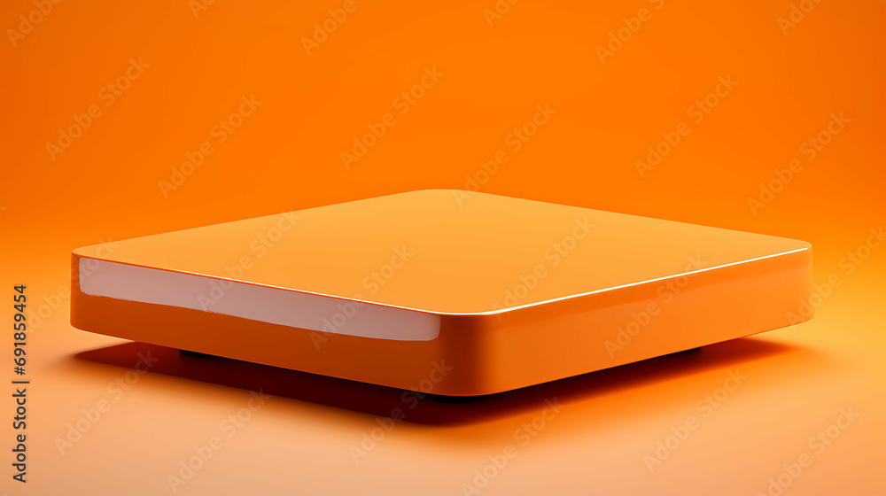 Poster small shiny orange square platform neutral background, a square object on a surface.