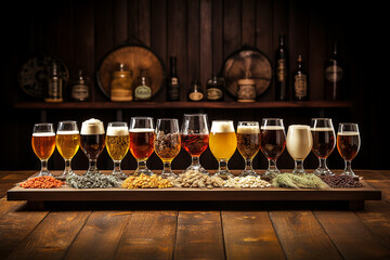 Set of different types of beer on a dark background in a bar