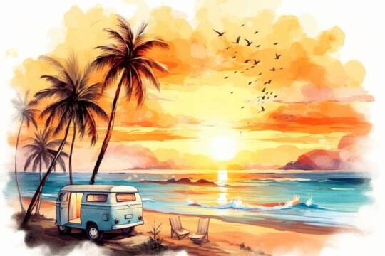 Watercolor painting camping on the sunset coast with car. Landscape with watercolor palm trees, Generative AI