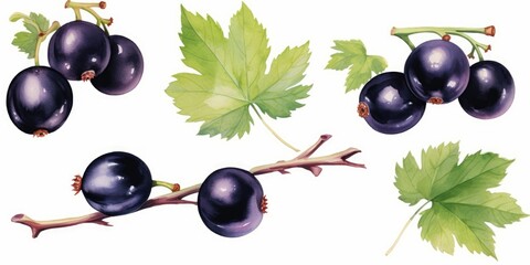 Black currant with leaves set hand drawn watercolor illustration isolated on white background. watercolor  illustration, Generative AI
