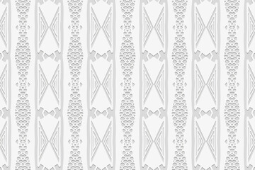 Embossed abstract white background, vintage cover design. Boho style, ornamental handmade. Geometric ethnic 3D pattern. Artistic decor of the East, Asia, India, Mexico, Aztec, Peru.