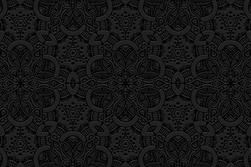 Embossed creative black background, vintage cover design. Boho style, ornamental handmade. Geometric ethnic 3D pattern. Artistic decor of the East, Asia, India, Mexico, Aztec, Peru.
