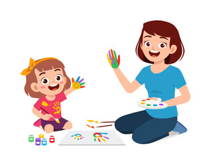 little kid and mother using hand to make paint art