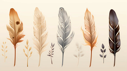 Set Of Floral Feathers Watercolor, a group of feathers with different colors.
