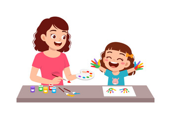 little kid and mother using hand to make paint art