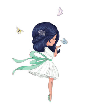 Pretty girl with butterflies, vector illustration, cute girl graphic for kids.
