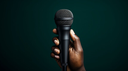 Close up hand of a man holding a microphone on isolated green background - obrazy, fototapety, plakaty
