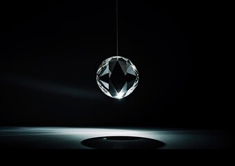 A minimalist composition of a single gemstone suspended in mid-air, captured from a fish-eye