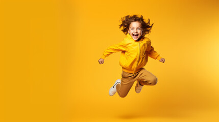 Happy little boy jumping over on yellow background