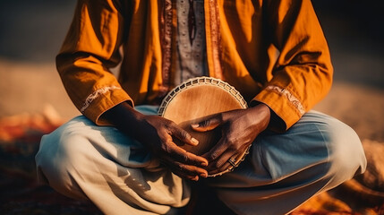 Close-up of man's hand playing djembe drum - obrazy, fototapety, plakaty