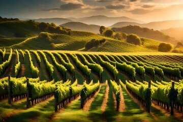A picturesque vineyard with rows of lush grapevines set against a backdrop of gentle slopes and...