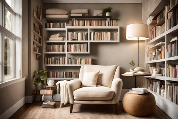 A cozy reading nook with a plush cream-colored armchair, a white side table, and shelves filled with books for a peaceful retreat. - obrazy, fototapety, plakaty