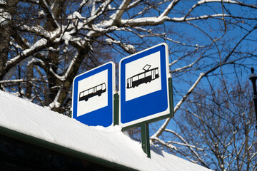 Tram and bus stop information road traffic sign in Poland. Public transport icons signs, tramway...
