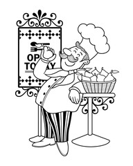 line drawing black and white of a chef cooking character.