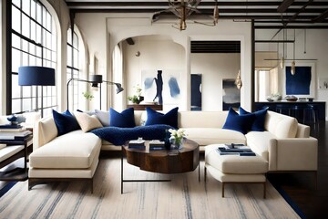 A deep indigo rug beneath a cream-colored sectional sofa. - obrazy, fototapety, plakaty