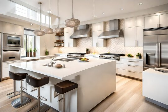 A contemporary kitchen featuring white cabinets, cream-colored backsplash tiles, and stainless steel appliances for a sleek look.