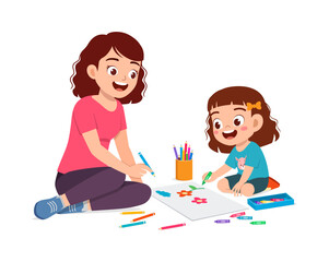 little kid drawing using crayon with mother