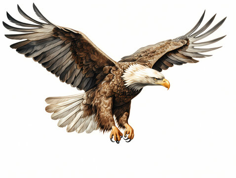 A Hand Drawn Watercolour Illustration Of A American Eagle, a bald eagle flying in the sky.