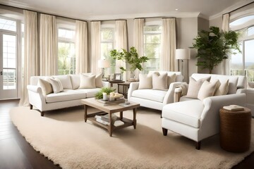 A cozy sitting area with white loveseats, cream-colored throw pillows, and a soft rug for a comfortable and inviting space.