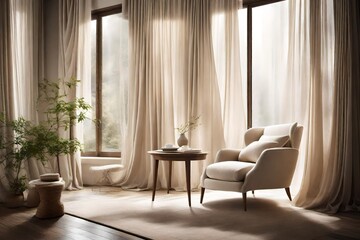A cozy cream-colored armchair nestled beside a window draped with sheer curtains, inviting relaxation and contemplation in a tranquil living room setting.
