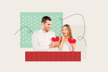 Creative collage portrait of two positive excited people hold give heart symbol cards isolated on...