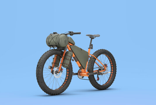 modern mountain tourist orang bicycle with accessories perspective front view 3d render on blue