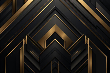 Obraz premium Geometric patterns black and gold background, inspired by the architecture of the roaring 20s, 1920s style wallpaper 