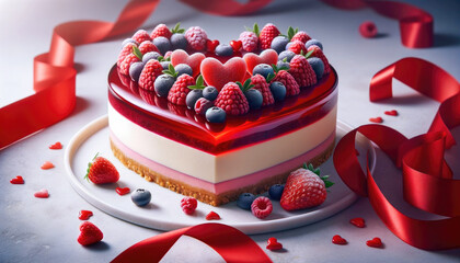 Delicious heart shaped cake with fresh berries for Valentine's day holiday