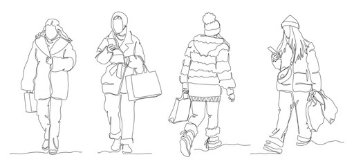4 young women walking set. Holding shopping bags and wearing warm clothes in winter season. Continuous line drawing. Black and white vector illustration in line art style.