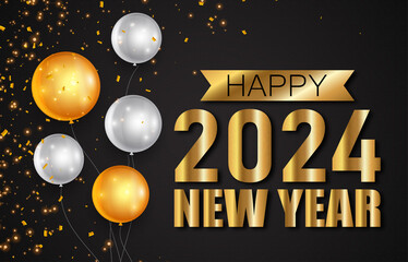 Happy 2024 New Year greeting card with golden gradient color design on black texture background - obrazy, fototapety, plakaty