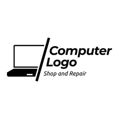 Computer logo design. Pc fix, repair, Computer maintenance service, software, Computer tech shop vector illustration isolated on white background - obrazy, fototapety, plakaty