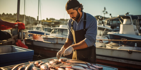 Fisherman preparing fresh catch at the harbor during sunset - obrazy, fototapety, plakaty