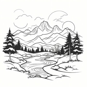 Black Thick Outline Of Natural Landscape, a river running through a mountain.