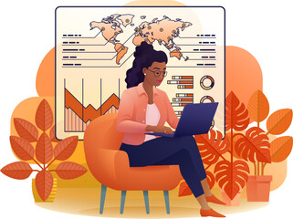 Woman business person student on laptop remote home working writing analysing website internet document infographic stats. Cartoon data analysis, financial stock market trading report finance concept.