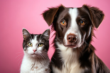 Portrait of a border collie dog and cat on a pink background