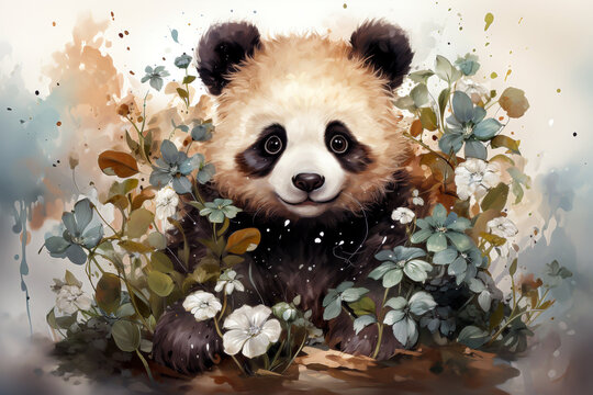 Watercolor drawing of a cute panda with flowers and leaves.