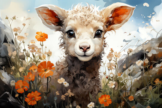 Watercolor painting of cute sheep in a meadow with flowers. Ilustration for childrens room