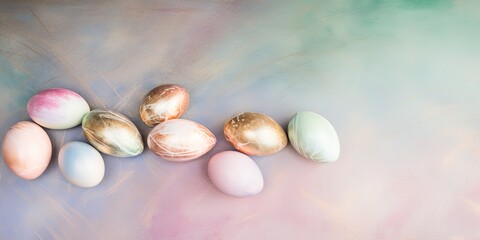 White eggs painted, dyed in purple and gold lying on a structured green, turquoise, mint background. Golden decorative gold metal fiber. Copy space on spring, easter card. Web.