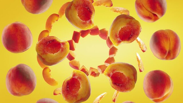 Flying Peach and Peaches slices in Yellow Background