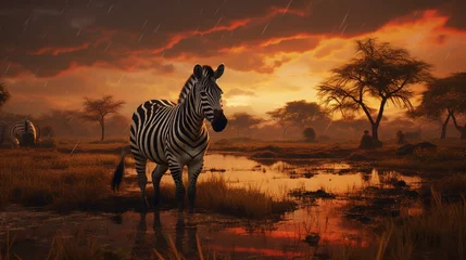 Rolgordijnen Create an evocative AI-rendered image that showcases zebras in the African savanna during a rainy sunrise.  © Intra
